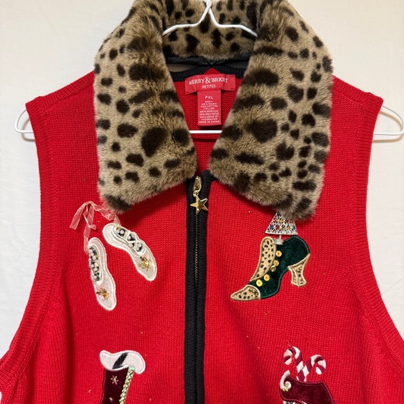 VTG Merry & Bright Red Christmas Sweater Vest Size PXL Shoes Beaded Ugly Holiday - Picture 2 of 12